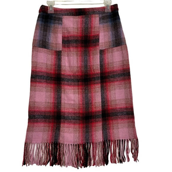 - NWT Anthropologie Maeve Red Pink Blue Plaid Fringed Skirt - Picture 5 of 13